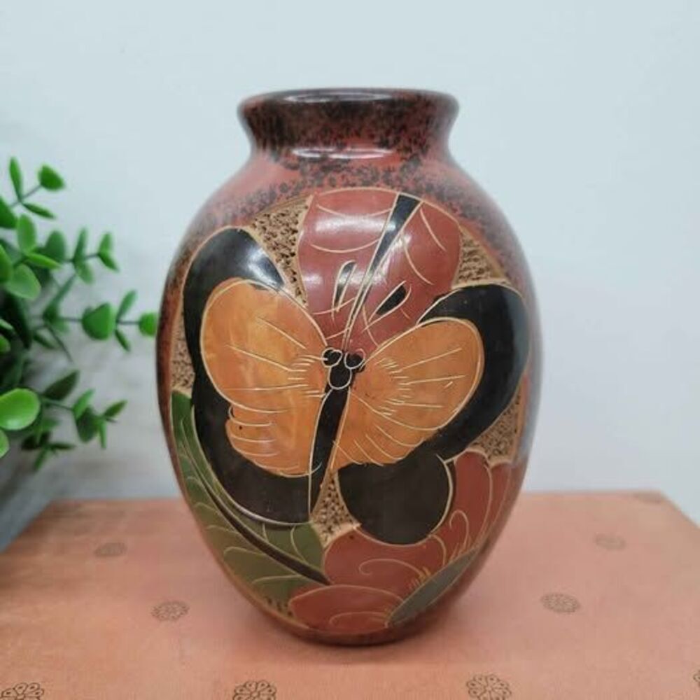 Handmade Nicaraguan Clay Vase with Butterfly Monkey & Turtle Folk Art Pottery